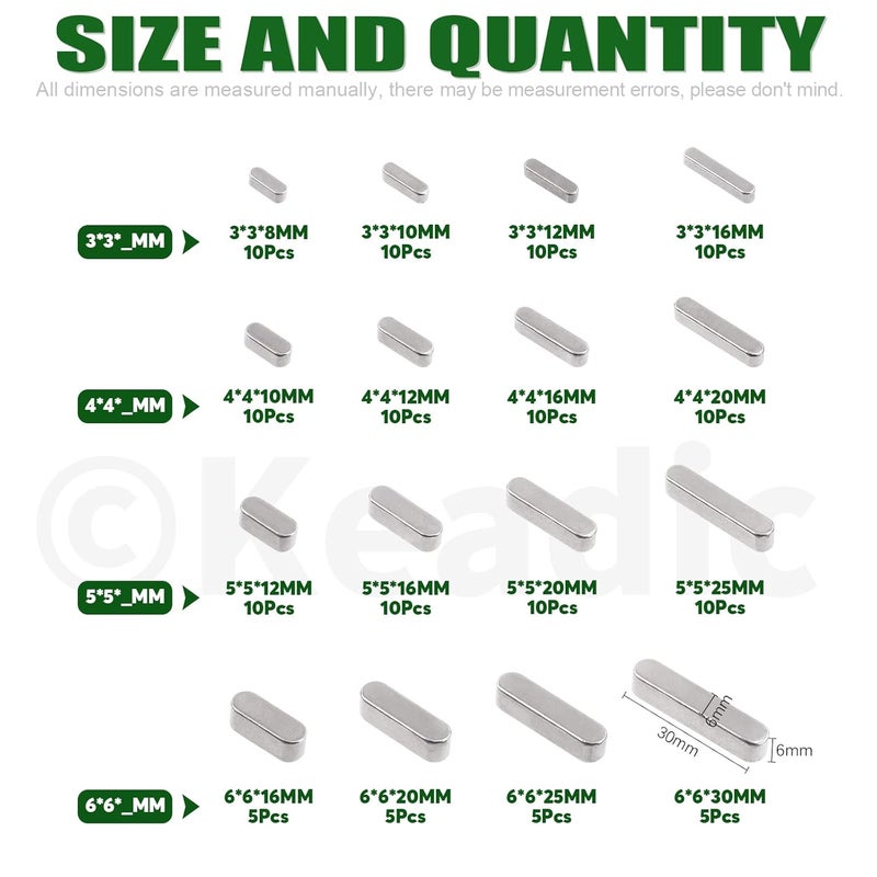 Keadic 140Pcs 16 Sizes 304 Stainless Steel Key Stock Assortment Set 8mm 10mm 12mm 16mm 20mm 25mm 30mm Round Ended Parallel Drive Shaft Key Parallel Keys Pulley Feather Key for Fastening Connection - Image 2